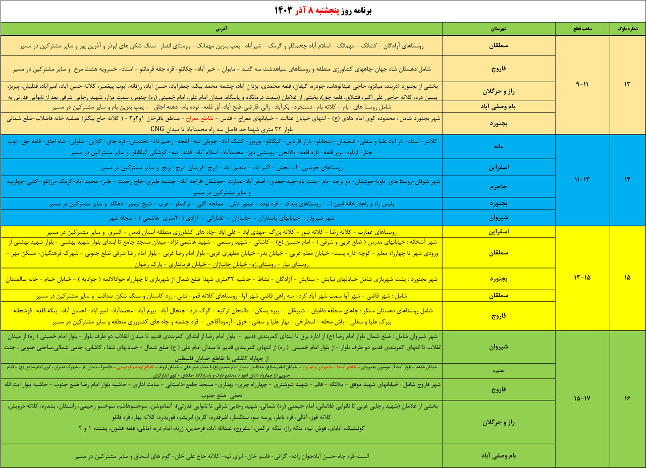 برنامه قطعی برق در خراسان شمالی اعلام شد+ جدول